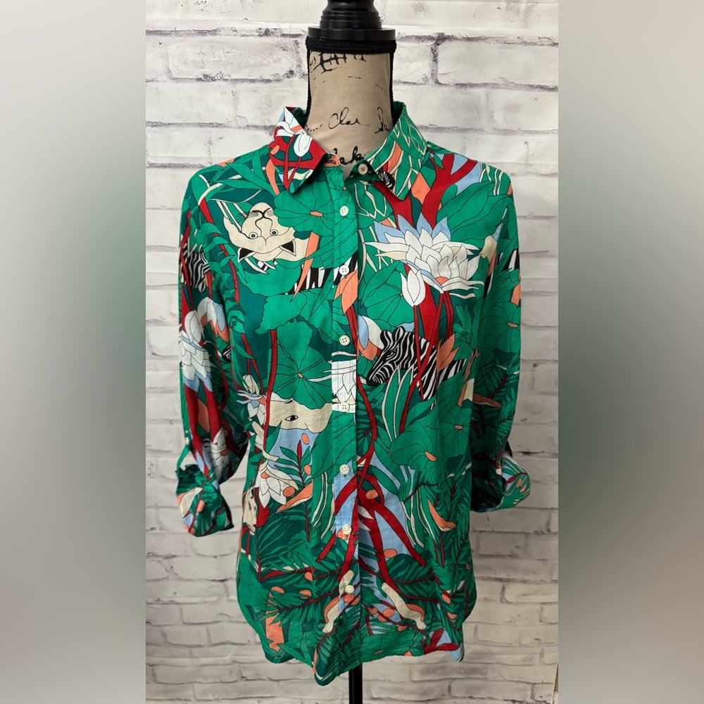 Talbots Med Jungle Tiger Print Cotton Button Up Shirt Blouse Green Camp‎ Sleeve